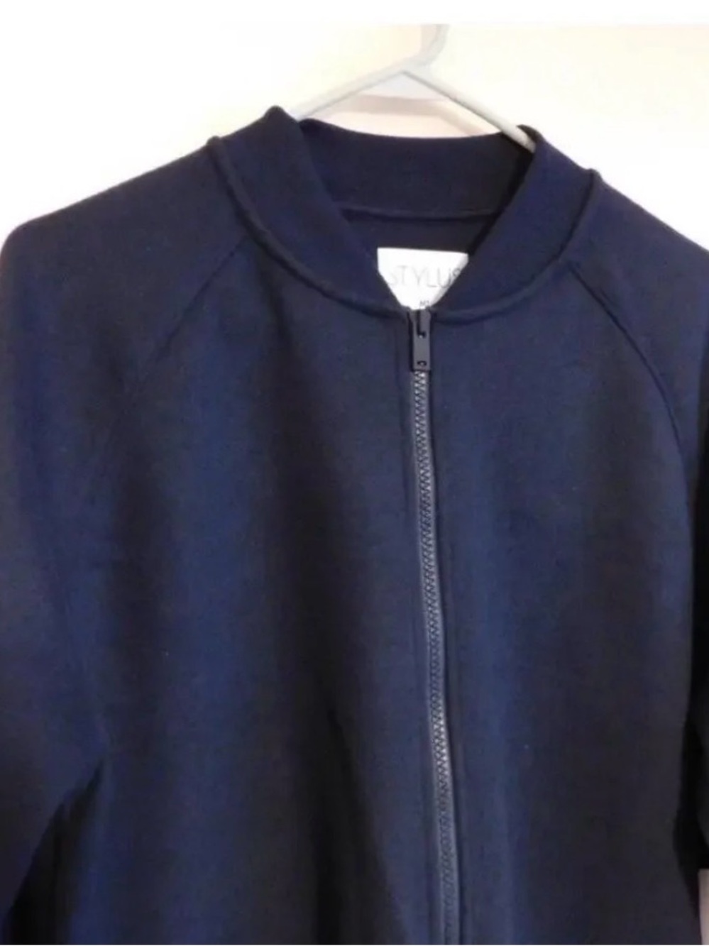 Stylus Dark Navy Zip-Front Bomber Sweater Jacket - Classic Minimalist